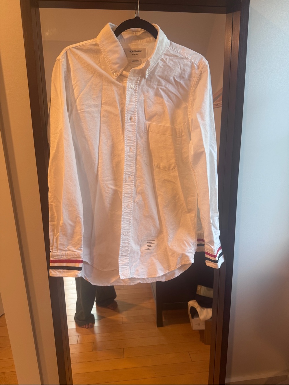 Women’s Thom Browne White Button-Down Shirt with Red & Navy Stripe Cuffs, small
